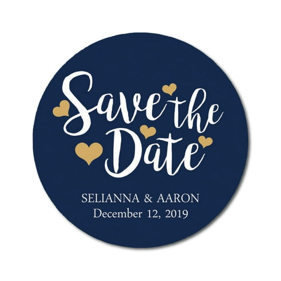Darling Souvenir Personalized Bride Groom Names And Date Envelope Seals Round 45 Pcs Heart Calligraphy Save The Date Stickers - Navy Blue