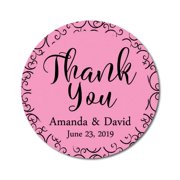 Darling Souvenir Personalized Bride Groom Names And Date Envelope Seals Round 45 Pcs Swirl Border Thank You Stickers-Light Pink