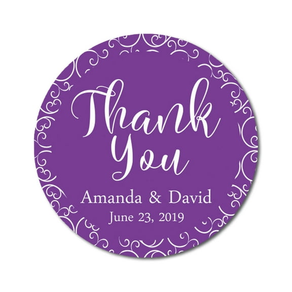 Darling Souvenir Personalized Bride Groom Names And Date Envelope Seals Round 45 Pcs Swirl Border Thank You Stickers-Violet