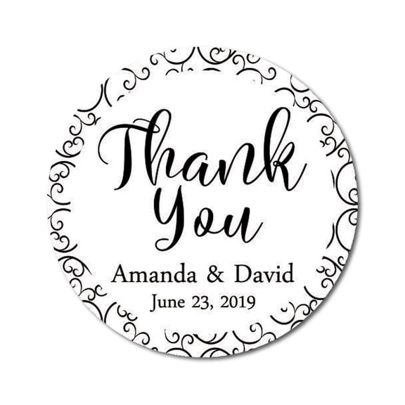 Darling Souvenir Personalized Bride Groom Names And Date Envelope Seals Round 45 Pcs Swirl Border Thank You Stickers-White