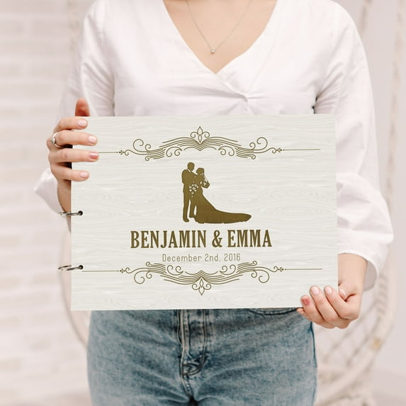 Darling Souvenir Personalized Engraved Laser Cut Wedding Guest Book Wooden Cover Sign-in Book Registry Guestbook Scrapbook-6P