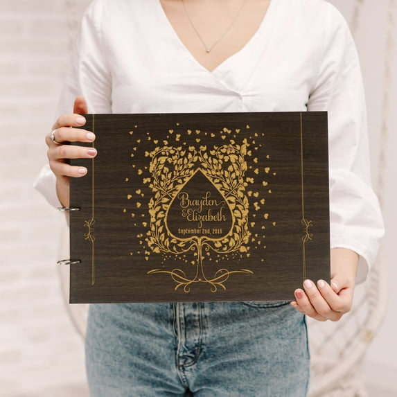 Darling Souvenir Personalized Engraved Laser Cut Wedding Guest Book Wooden Cover Sign-in Book Registry Guestbook Scrapbook-CS