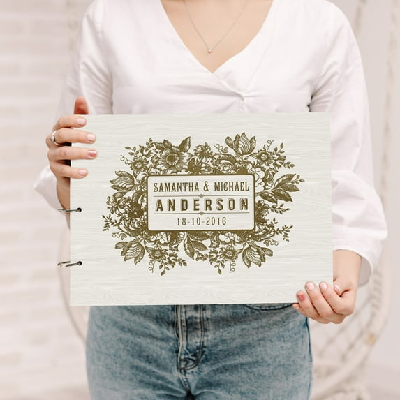 Darling Souvenir Personalized Engraved Laser Cut Wedding Guest Book Wooden Cover Sign-in Book Registry Guestbook Scrapbook-M3