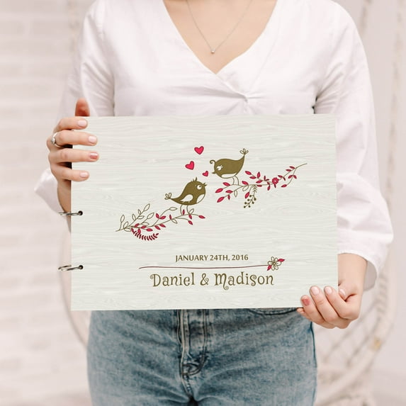Darling Souvenir Personalized Engraved Laser Cut Wedding Guest Book Wooden Cover Sign-in Book Registry Guestbook Scrapbook-MT