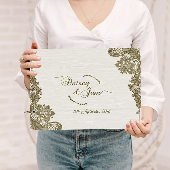 Darling Souvenir Personalized Engraved Laser Cut Wedding Guest Book Wooden Cover Sign-in Book Registry Guestbook Scrapbook-QF