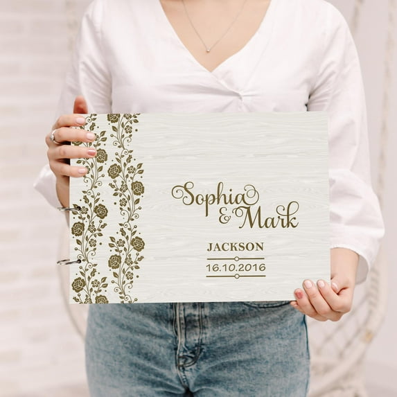Darling Souvenir Personalized Engraved Laser Cut Wedding Guest Book Wooden Cover Sign-in Book Registry Guestbook Scrapbook-QU