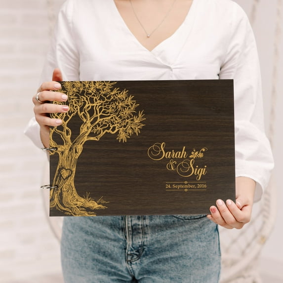 Darling Souvenir Personalized Engraved Laser Cut Wedding Guest Book Wooden Cover Sign-in Book Registry Guestbook Scrapbook-R7