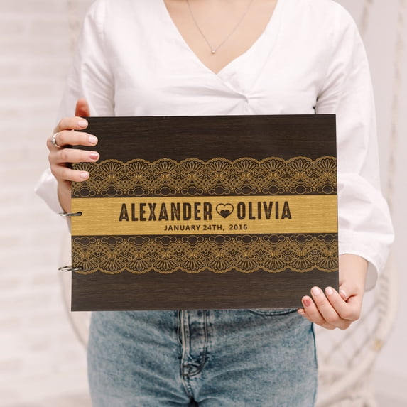 Darling Souvenir Personalized Engraved Laser Cut Wedding Guest Book Wooden Cover Sign-in Book Registry Guestbook Scrapbook-RS
