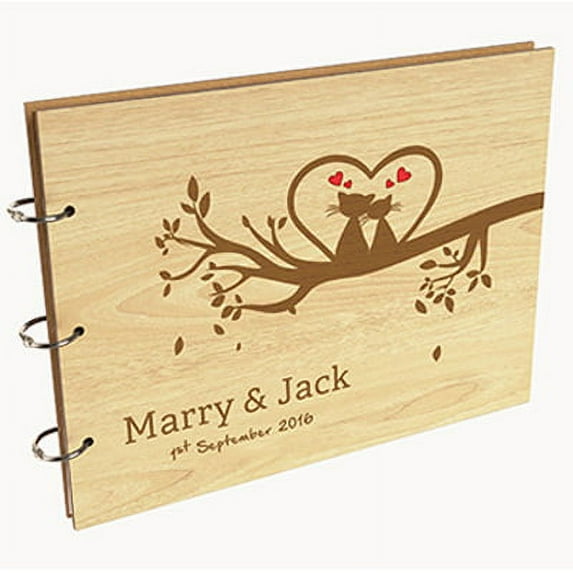 Darling Souvenir Personalized Engraved Laser Cut Wedding Guest Book Wooden Cover Sign-in Book Registry Guestbook Scrapbook-TR