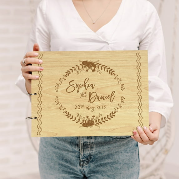 Darling Souvenir Personalized Engraved Laser Cut Wedding Guest Book Wooden Cover Sign-in Book Registry Guestbook Scrapbook-WX
