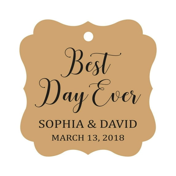 Darling Souvenir Personalized Fancy Frame Wedding Gift Tags 'Best Day Ever' Custom Name & Date Favor Hang Tags-Kraft-100 Tags
