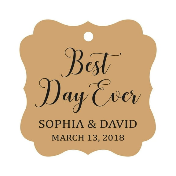 Darling Souvenir Personalized Fancy Frame Wedding Gift Tags 'Best Day Ever' Custom Name & Date Favor Hang Tags-Kraft-100 Tags