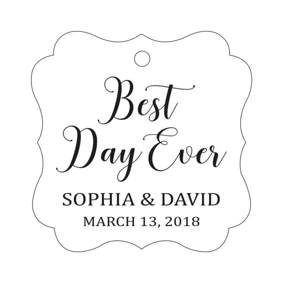 Darling Souvenir Personalized Fancy Frame Wedding Gift Tags 'Best Day Ever' Custom Name & Date Favor Hang Tags-White-50 Tags