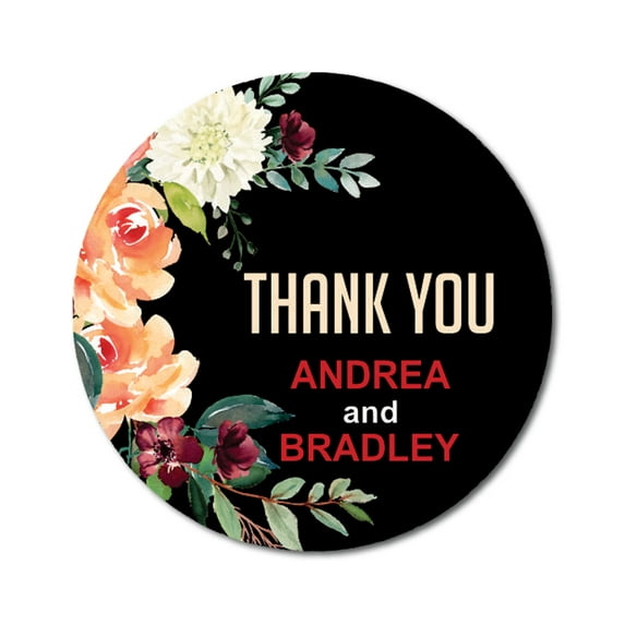 Darling Souvenir Personalized Wedding Bride Groom Names Envelope Seals DIY 45 Pieces Round Floral Thank You Stickers-Black