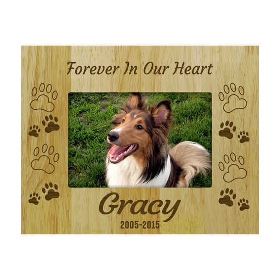 Darling Souvenir Personalized Wood Engraved Dog Memorial Picture Frame - Forever In Our Heart - Loss Of A Pet Gift -5 x 7 Inches Horizontal
