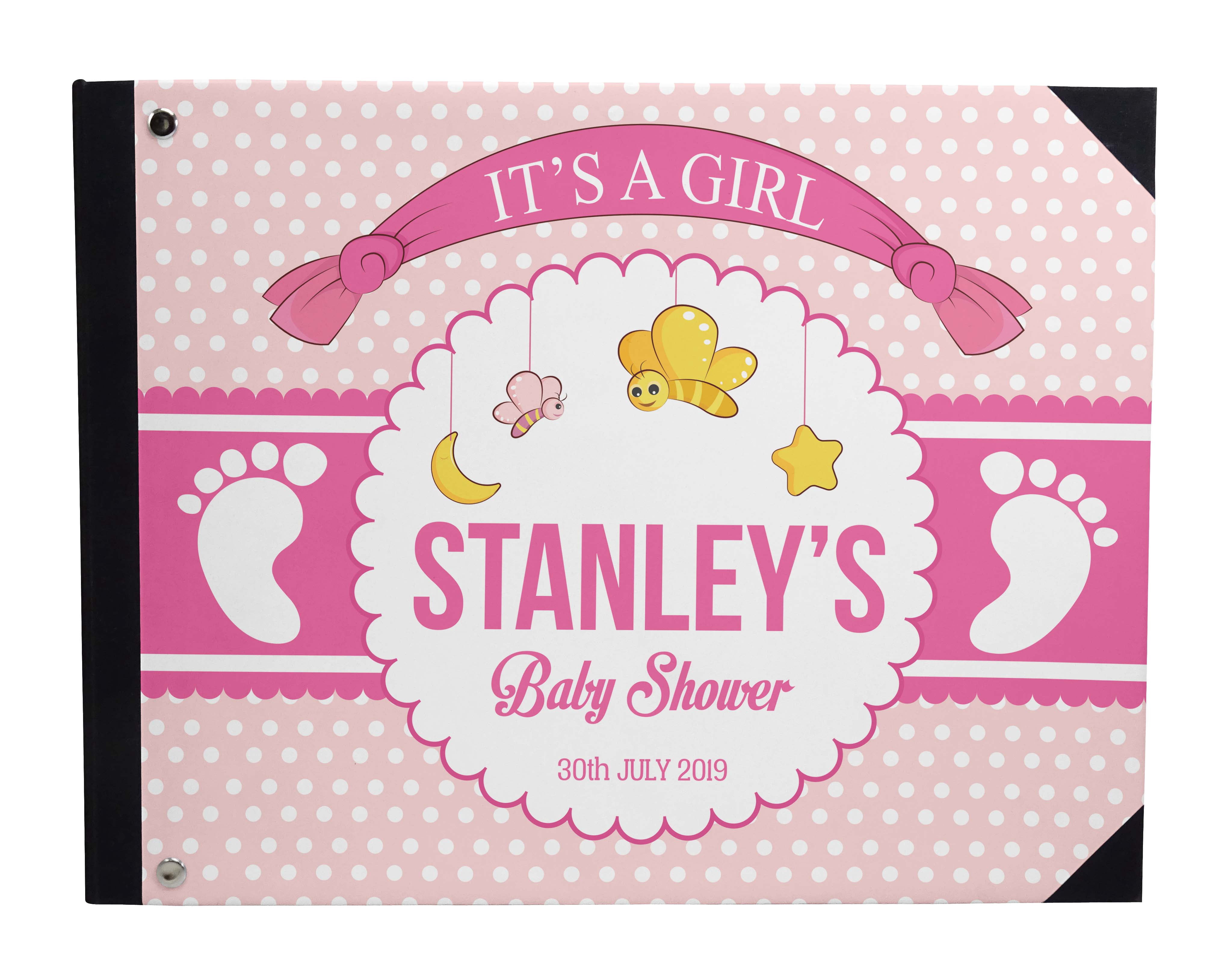Darling Souvenir Pink Baby Footprint & Polka Dot Baby Shower&nbsp;Guestbook&nbsp;Hardbound Cover Personalized Printed Memory&nbsp;Guest&nbsp;Registry-9 x 12 Inches