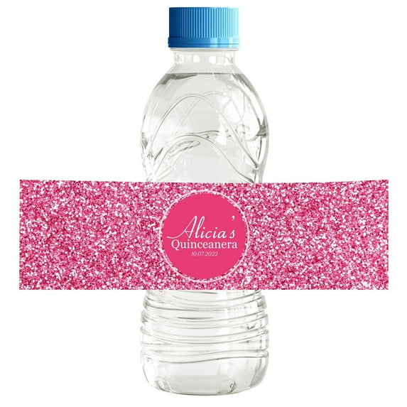 Darling Souvenir Pink Sequin WaterBottleLabels Self Adhesive Quinceanera Sweet 15 Birthday PartyWaterBottleLabelFor Birthday Party SuppliesWaterBottleStickers For Birthday- Pack Of 32