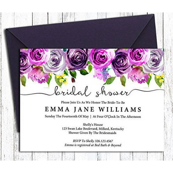 Darling Souvenir Purple Floral Custom Printed Bridal Shower Invitations, Set of 10 Personalized Invites With Envelopes 5 x 7