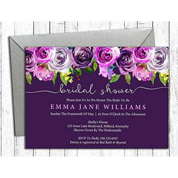 Darling Souvenir Purple Floral Custom Printed Bridal Shower Invitations, Set of 10 Personalized Invites With Envelopes 5 x 7