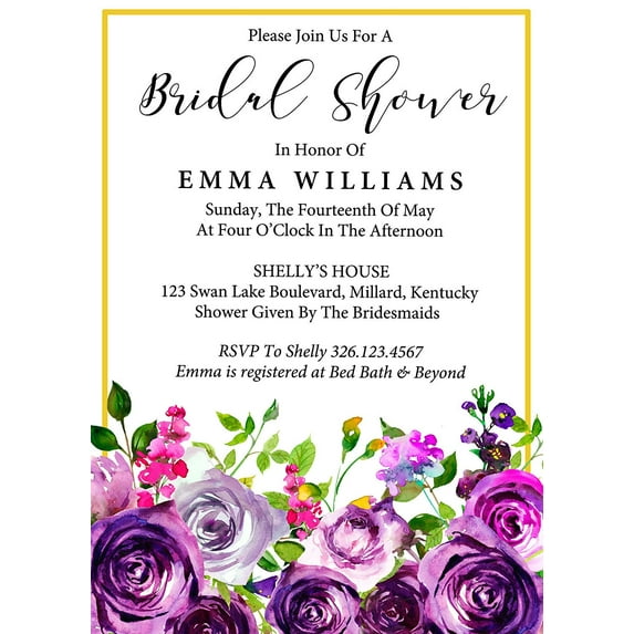 Darling Souvenir Purple Floral Custom Printed Bridal Shower Invitations, Set of 10 Personalized Invites With Envelopes 5 x 7