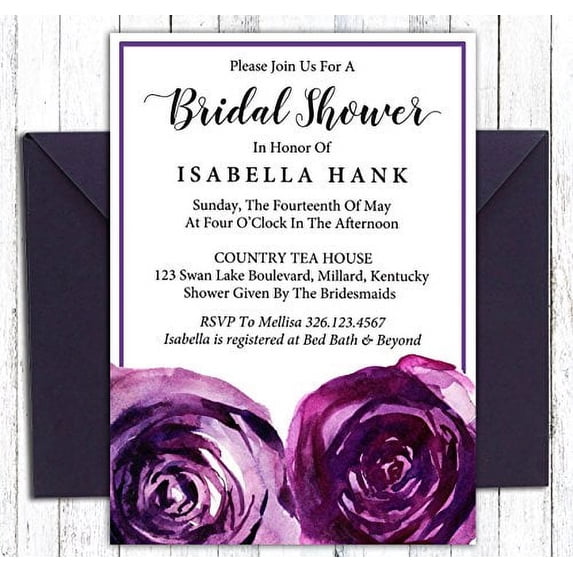 Darling Souvenir Purple Floral Custom Printed Bridal Shower Invitations, Set of 10 Personalized Invites With Envelopes 5 x 7