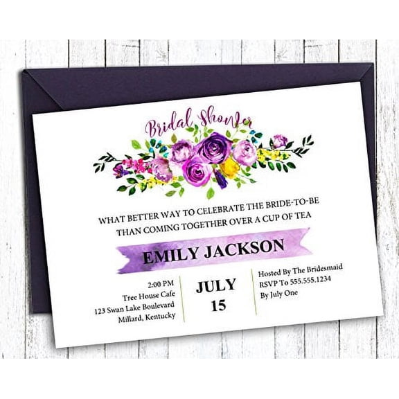 Darling Souvenir Purple Floral Custom Printed Bridal Shower Invitations, Set of 10 Personalized Invites With Envelopes 5 x 7