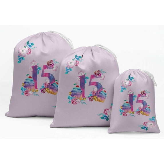 Darling Souvenir Purple Floral Quinceanera Party Supplies Drawstring Pouches Favor Bags 15 Pieces