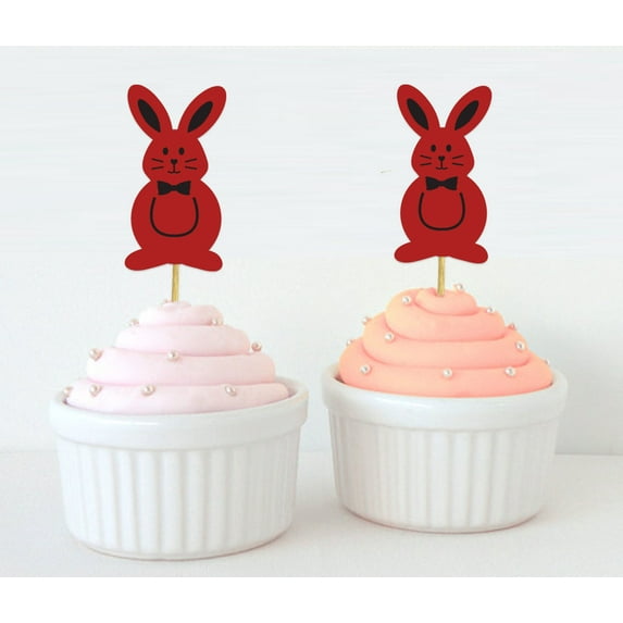 Darling Souvenir, Red Easter Bunny Rabbit Cupcake Toppers Dessert Decoration Cupcake Toppers - Pack Of 20