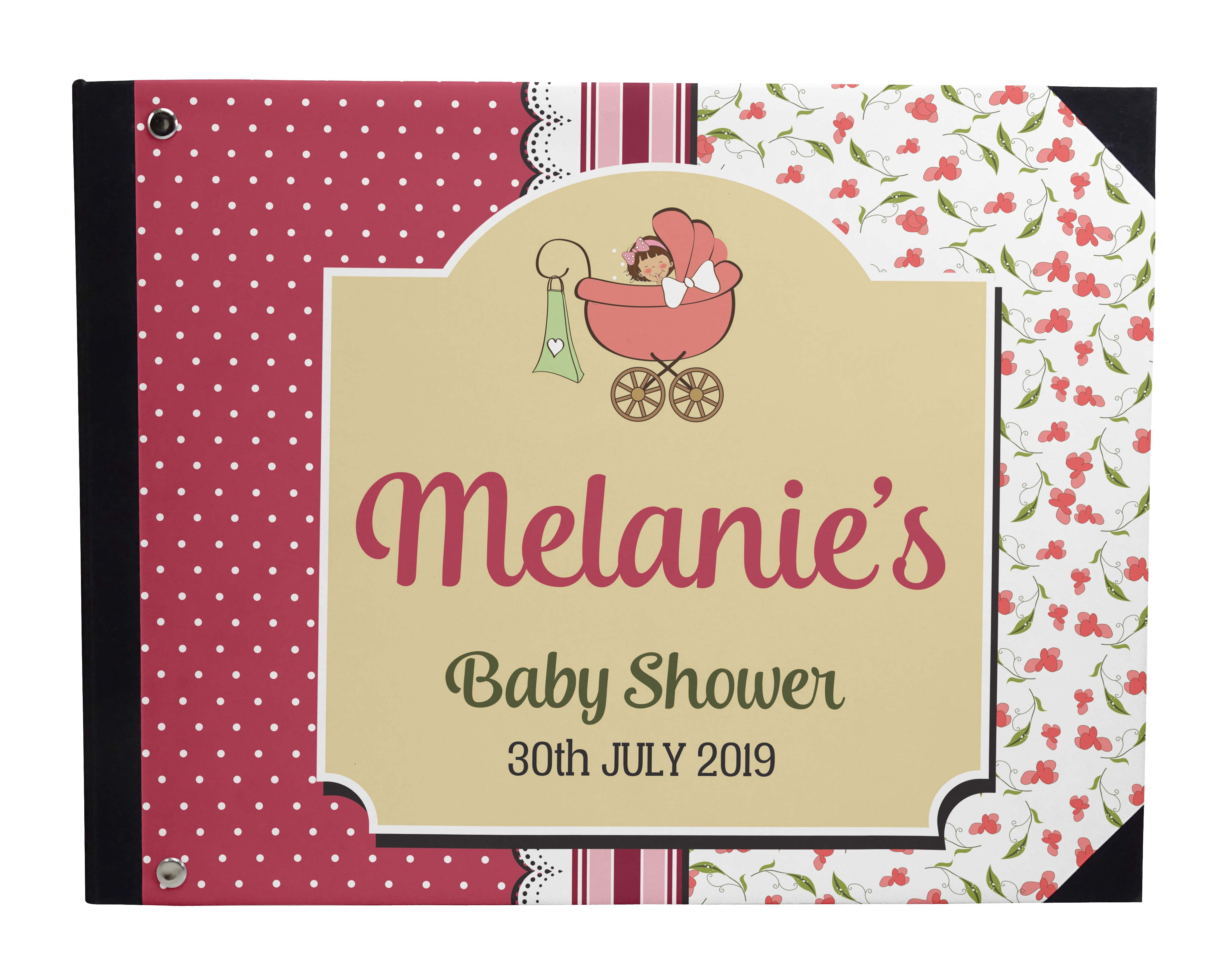 Darling Souvenir Red Floral, Polka Dot & Frame Hardbound Cover Personalized Printed Baby Shower&nbsp;Guestbook&nbsp;Scrap&nbsp;book-9 x 12 Inches
