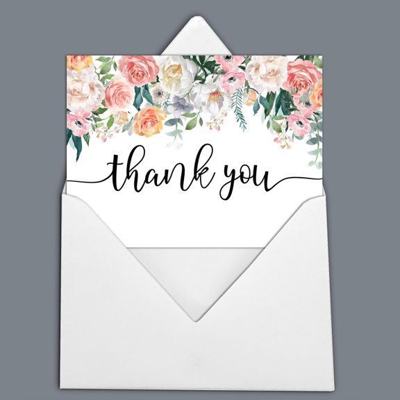 Darling Souvenir Roses Floral Wedding Thank You Greeting Cards Pack Of 20 With White Envelopes