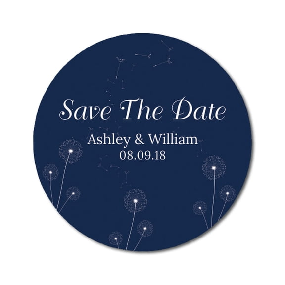 Darling Souvenir Round 45 Pcs Dandelion Wishes Save The Date Stickers Personalized Bride Groom Names And Date Envelope Seals - Navy Blue