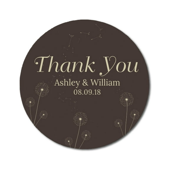 Darling Souvenir Round 45 Pcs Dandelion Wishes Thank You Stickers Personalized Bride Groom Names And Date Envelope Seals-Brown