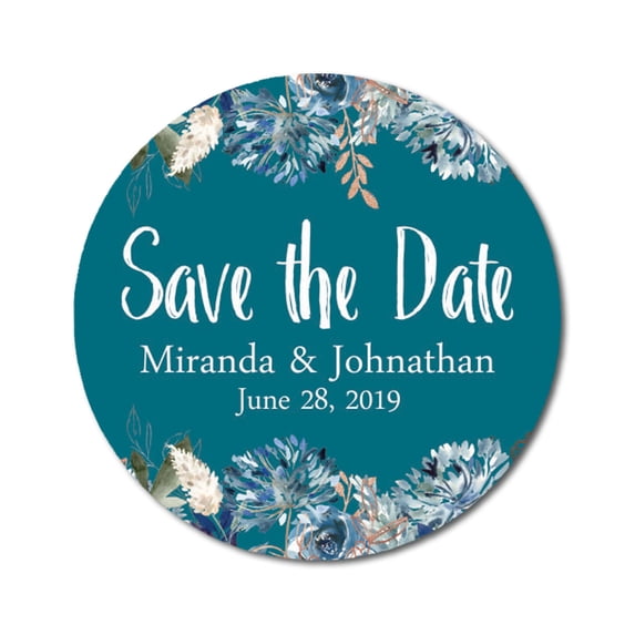 Darling Souvenir Round 45 Pcs Floral Border Save The Date Stickers Wedding Personalized Bride Groom Names And Date Envelope Seals - Teal Blue
