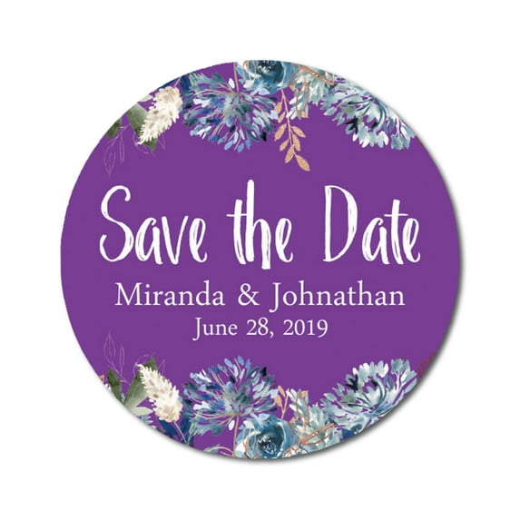 Darling Souvenir Round 45 Pcs Floral Border Save The Date Stickers Wedding Personalized Bride Groom Names And Date Envelope Seals - Violet