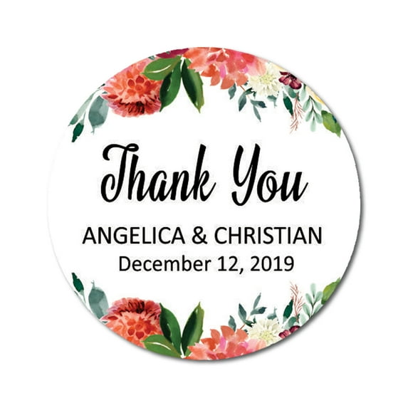 Darling Souvenir Round 45 Pcs Floral Border Thank You Stickers Personalized Bride Groom Names And Date Envelope Seals-White