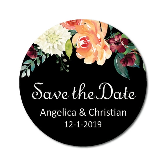 Darling Souvenir Round 45 Pcs Floral Save The Date Stickers Wedding Personalized Bride Groom Names And Date Envelope Seals - Black