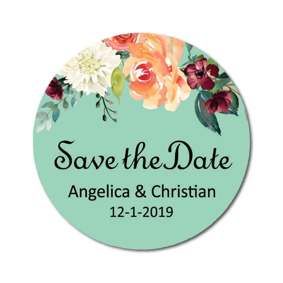 Darling Souvenir Round 45 Pcs Floral Save The Date Stickers Wedding Personalized Bride Groom Names And Date Envelope Seals - Mint