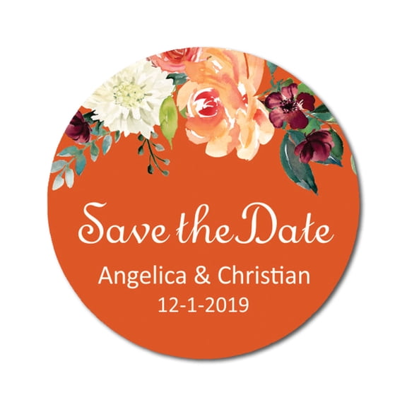 Darling Souvenir Round 45 Pcs Floral Save The Date Stickers Wedding Personalized Bride Groom Names And Date Envelope Seals - Orange