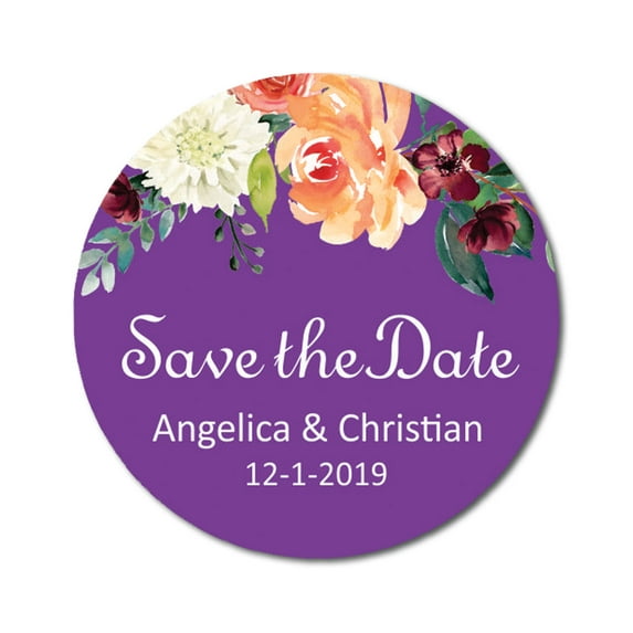 Darling Souvenir Round 45 Pcs Floral Save The Date Stickers Wedding Personalized Bride Groom Names And Date Envelope Seals - Violet