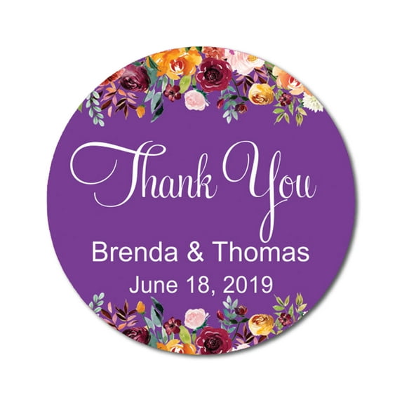 Darling Souvenir Round 45 Pcs Floral Thank You Stickers Personalized Wedding Bride Groom Names And Date Envelope Seals-Violet