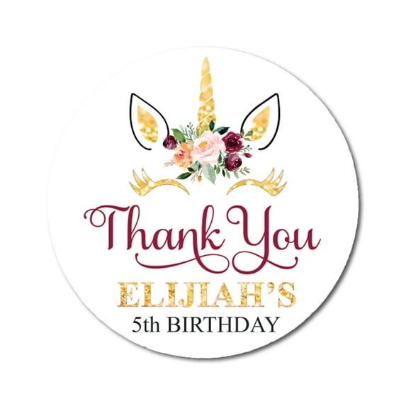 Darling Souvenir Round 45 Pcs Floral Unicorn 5th Birthday Custom Thank You Stickers Personalized Name Envelope Seals