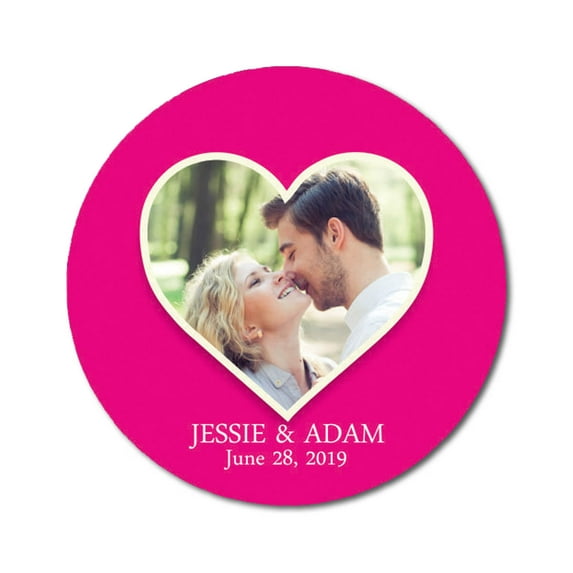 Darling Souvenir Round 45 Pcs Heart Custom Photo Labels Save The Date Stickers Personalized Bride Groom Names And Date Envelope Seals - Fuchsia Pink