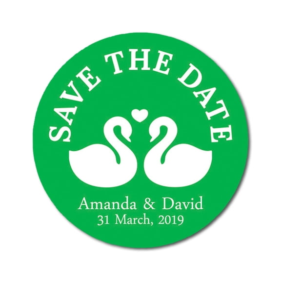 Darling Souvenir Round 45 Pcs Loving Swans Save The Date Stickers Personalized Bride Groom Names And Date Envelope Seals - Green