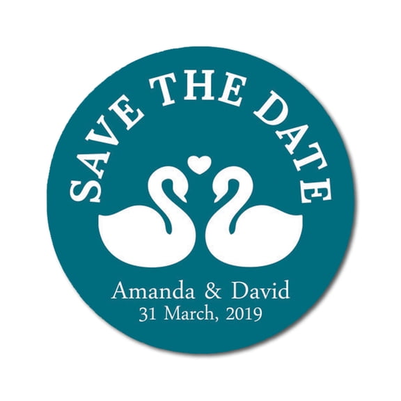 Darling Souvenir Round 45 Pcs Loving Swans Save The Date Stickers Personalized Bride Groom Names And Date Envelope Seals - Teal Blue