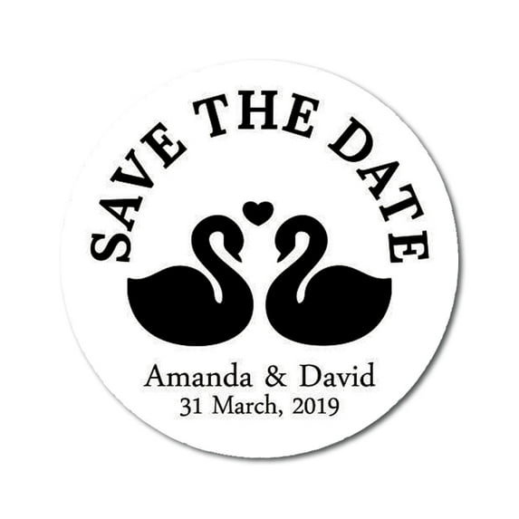 Darling Souvenir Round 45 Pcs Loving Swans Save The Date Stickers Personalized Bride Groom Names And Date Envelope Seals - White