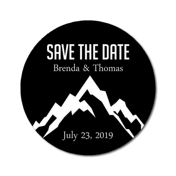 Darling Souvenir Round 45 Pcs Mountain Save The Date Stickers Personalized Bride Groom Names and Date Envelope Seals - Black
