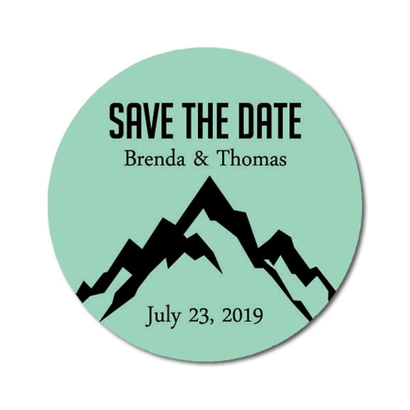 Darling Souvenir Round 45 Pcs Mountain Save The Date Stickers Personalized Bride Groom Names and Date Envelope Seals - Mint
