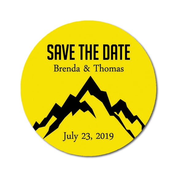 Darling Souvenir Round 45 Pcs Mountain Save The Date Stickers Personalized Bride Groom Names and Date Envelope Seals - Yellow