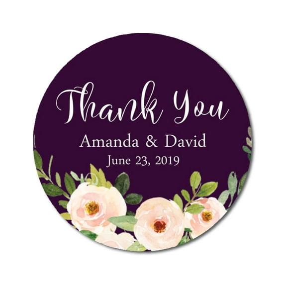 Darling Souvenir Round 45 Pcs Peony Floral Thank You Stickers Personalized Bride Groom Names And Date Envelope Seals-Plum