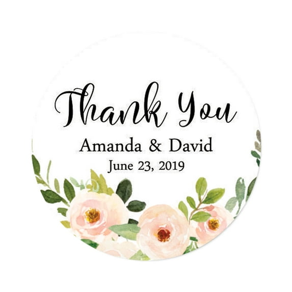 Darling Souvenir Round 45 Pcs Peony Floral Thank You Stickers Personalized Bride Groom Names And Date Envelope Seals-White